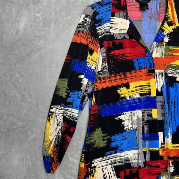 Ali Miles Top Womens Large Abstract Art Print Tunic Stretch V Neck 3/4 Ruched - Picture 4 of 12